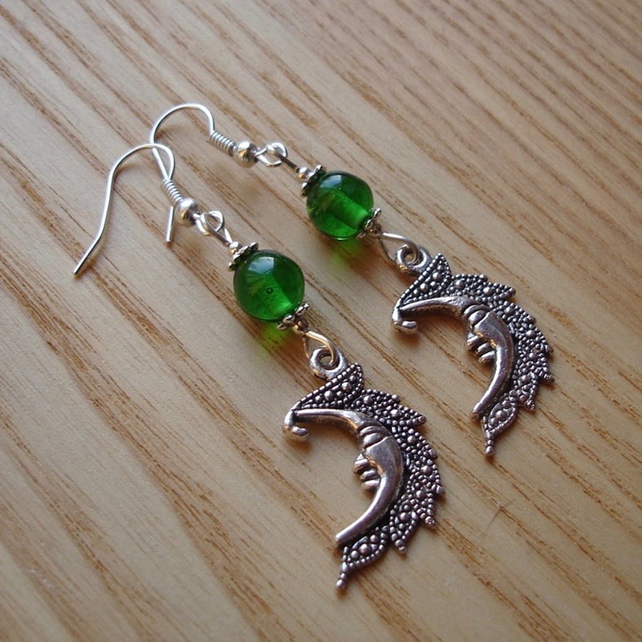 Green Man in the Moon Charm Earrings