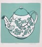 Turquoise Teapot linocut 'Teatime'  Tea lovers gift - Image 2
