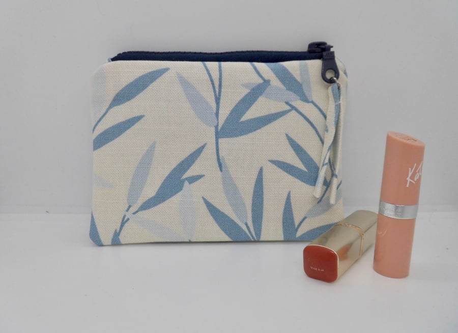 SOLD Zipped purse in blue leaf Laura Ashley fabric make up makeup bag