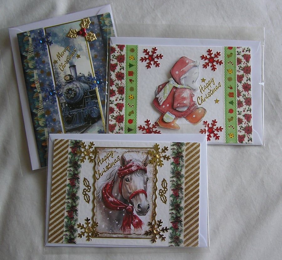 Set of 3 (Three) Beautiful Hand-Crafted Christmas Decoupage Greeting Cards (p)
