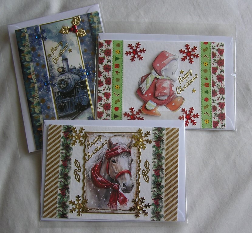 Set of 3 (Three) Beautiful Hand-Crafted Christmas Decoupage Greeting Cards (p)
