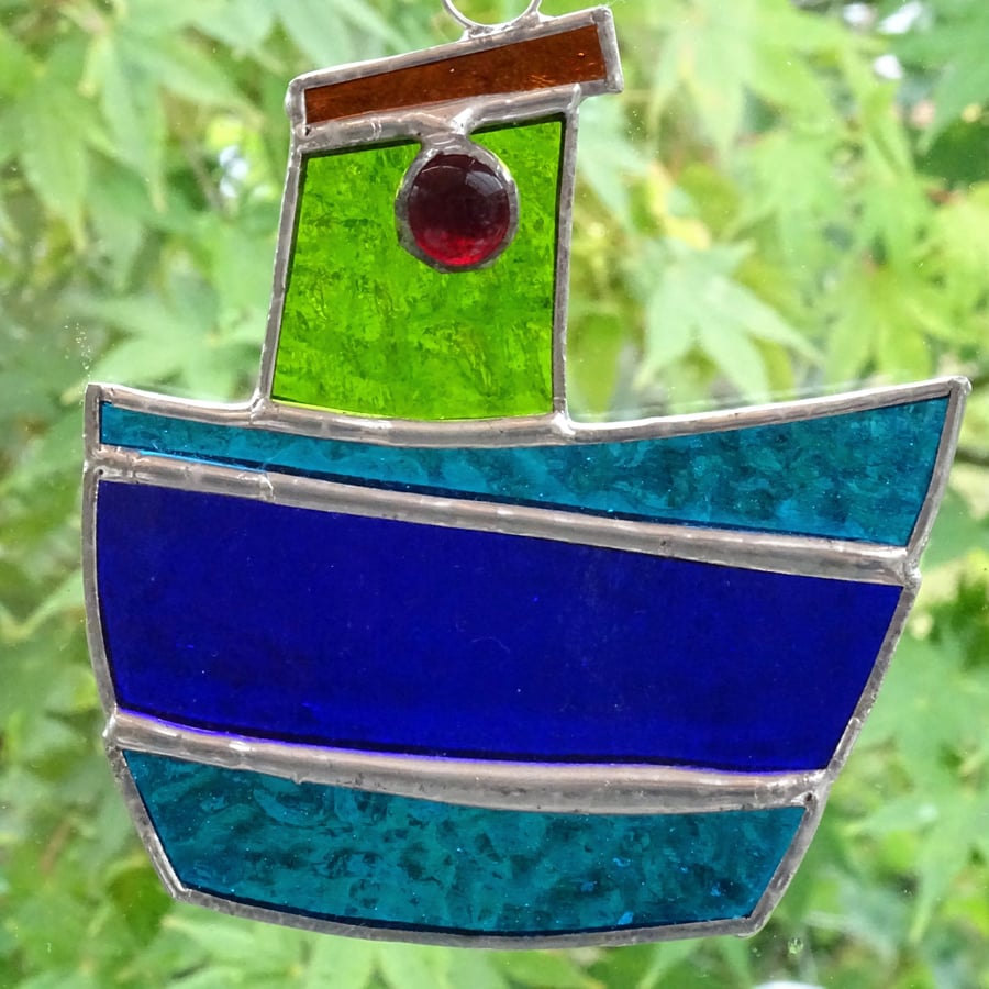 Stained Glass Tug Boat Suncatcher