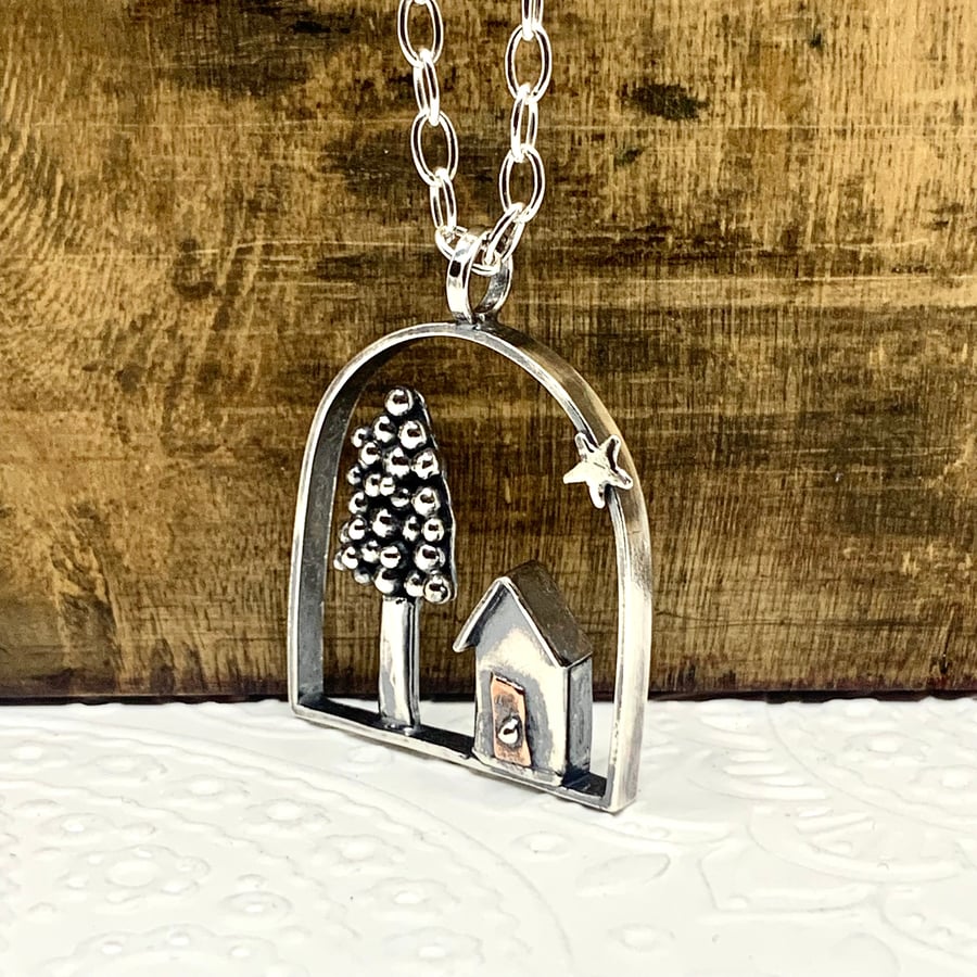 Handmade Silver Beach Hut & Tree pendant