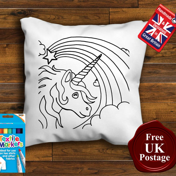 Baby Unicorn Colouring Cushion With or Without Fabric Pens Choose Your Size
