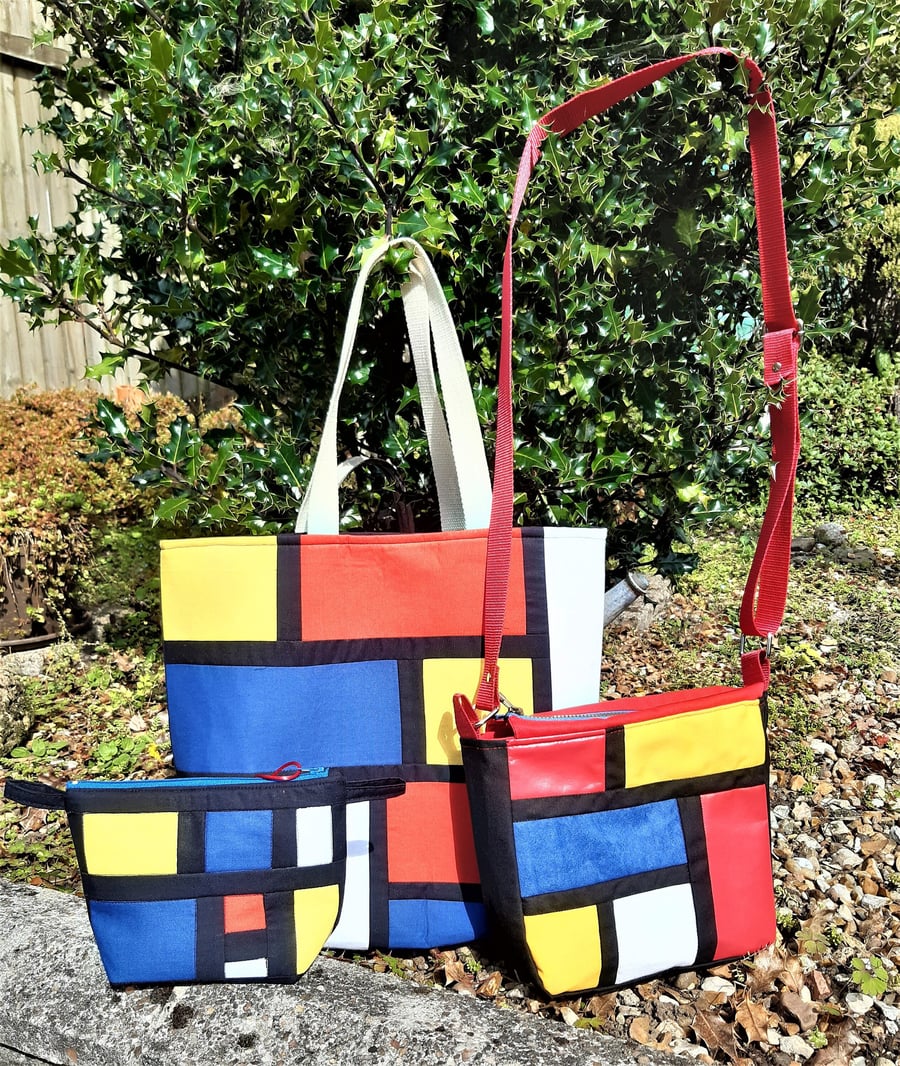 Mondrian inspired bag set - tote, cross body and make-up bags