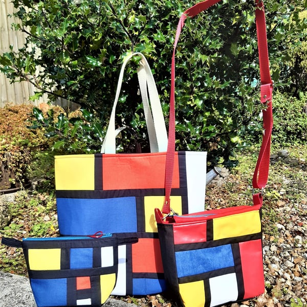 Mondrian inspired bag set - tote, cross body and make-up bags