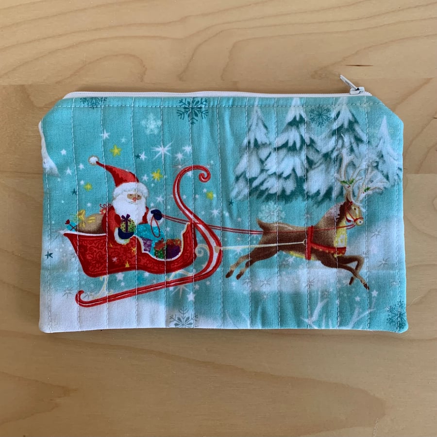 Father Christmas Sleigh Quilted Fabric Organiser Pouch