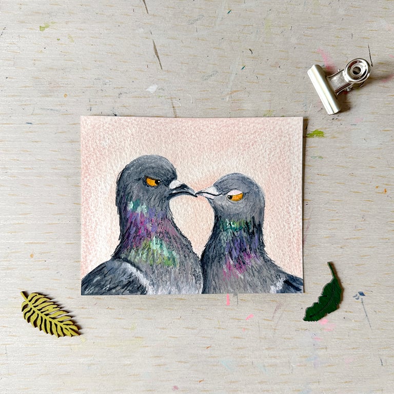 Original Pigeon Couple Painting - Mixed Media - One of a kind