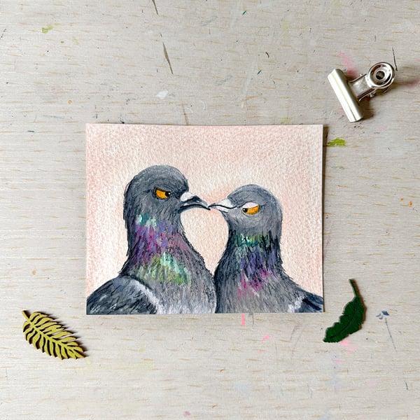 Original Pigeon Couple Painting - Mixed Media - One of a kind