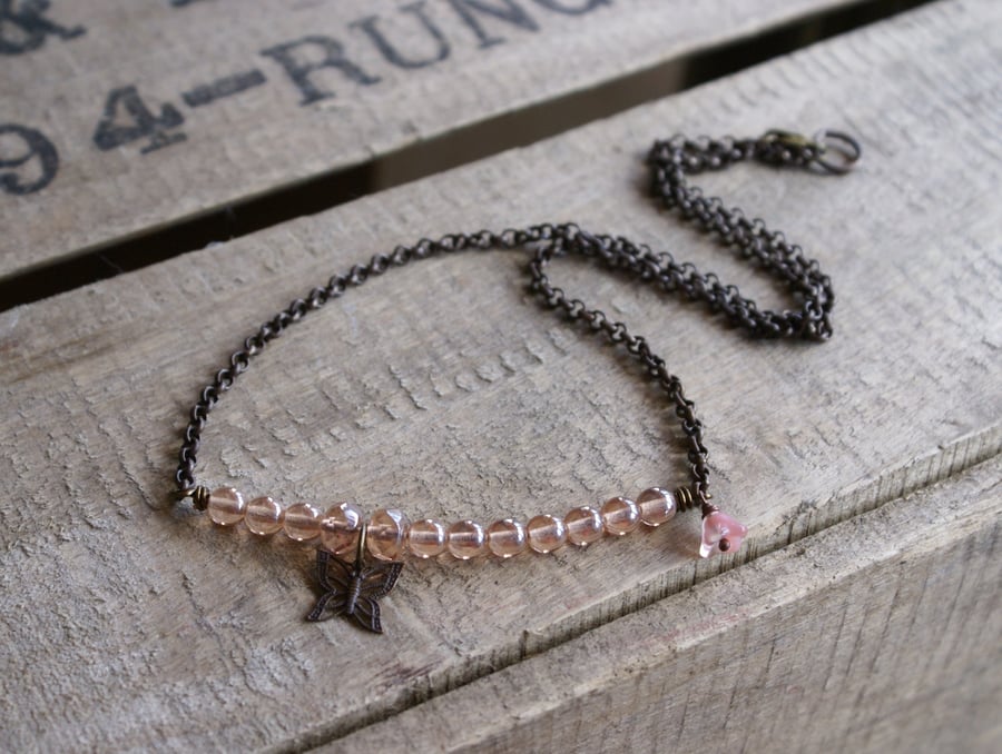 Rose Pink Butterfly Bar Necklace