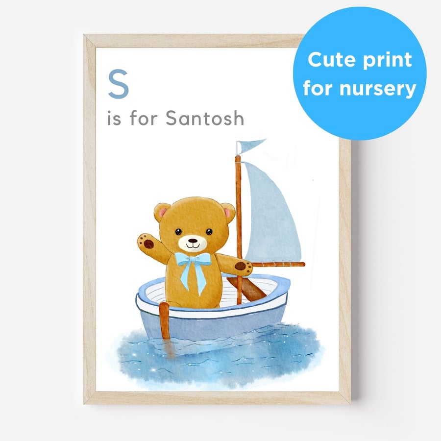 Teddy bear boat nursery wall art illustration unframed print baby childs name