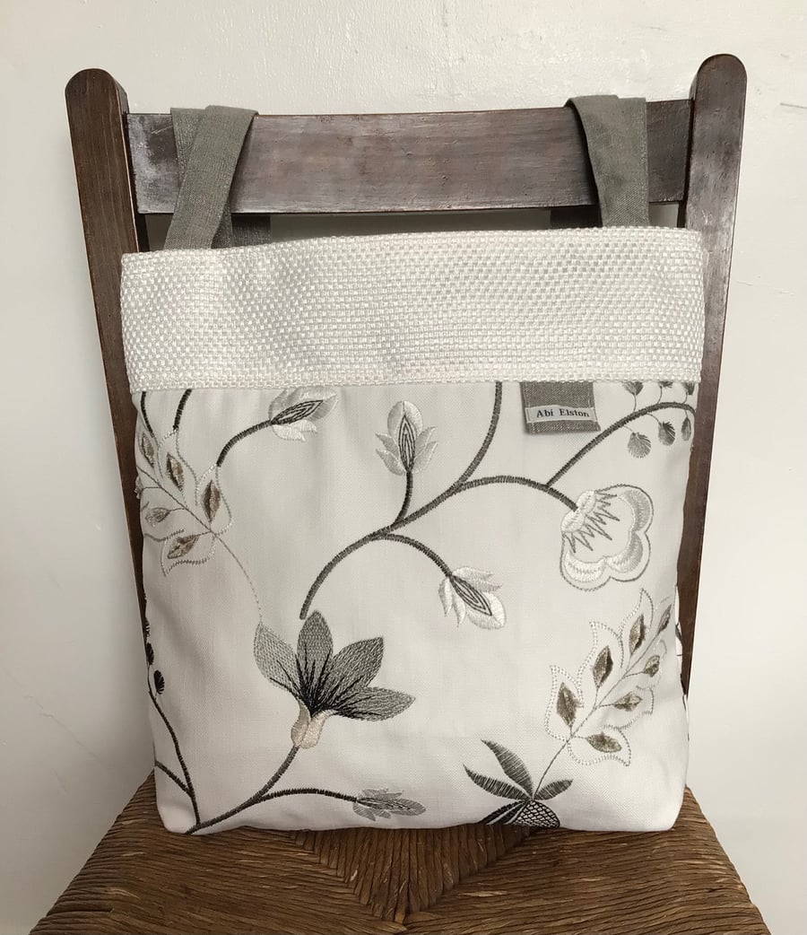 Ivory Floral Embroidered Linen Cloth Tote Bag