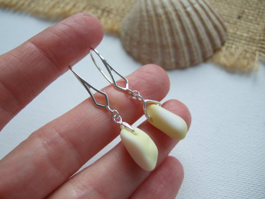 Pastel Yelllow Seaham sea glass earring, dangling milk sea glass earrings 