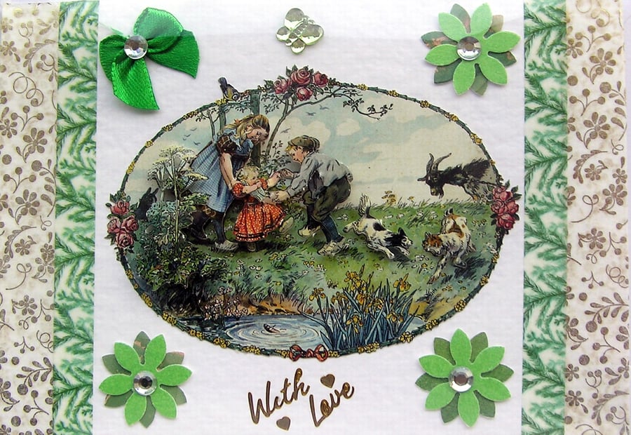 Vintage Style Family Fun - Hand Crafted 3D Decoupage Card - With Love - 2771