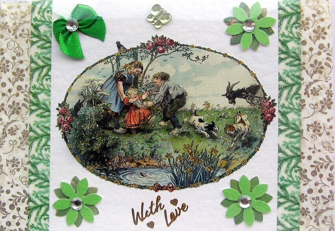 Vintage Style Family Fun - Hand Crafted 3D Decoupage Card - With Love - 2771