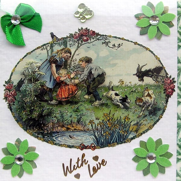 Vintage Style Family Fun - Hand Crafted 3D Decoupage Card - With Love - 2771