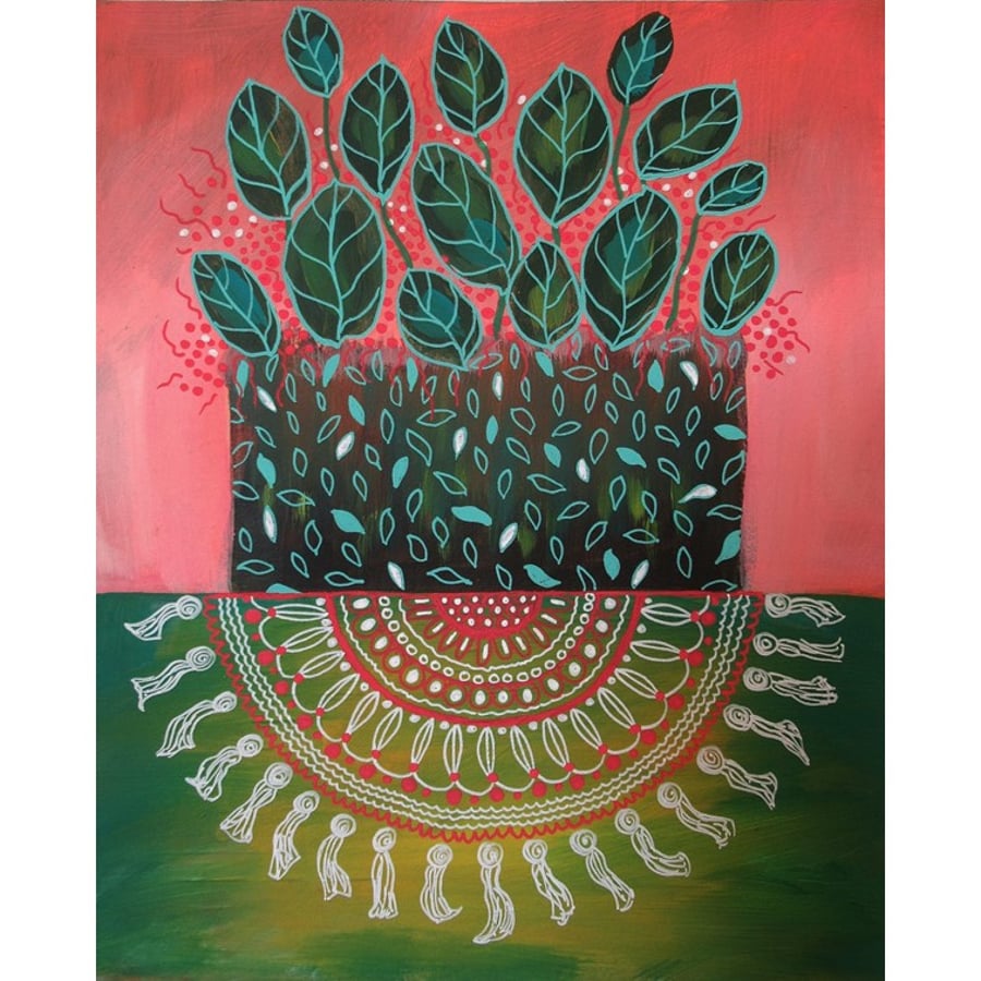 Original Floral Still Life Painting Abstract Vase With Leaves Botanical Artwork