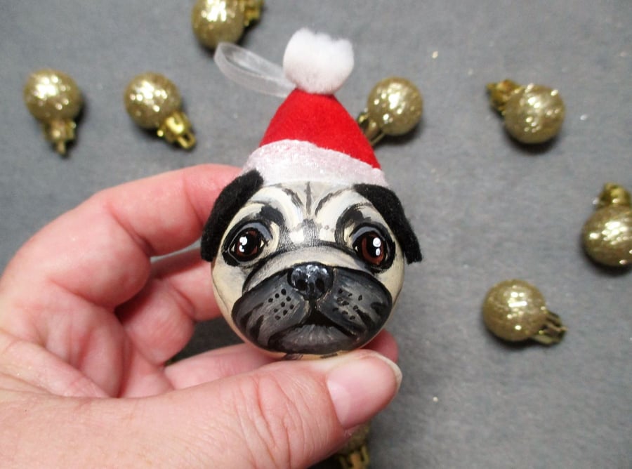 Pug Christmas Bauble Hanging Christmas Tree Decoration Hand Painted Dog