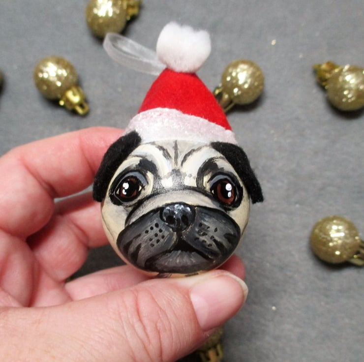Pug Christmas Bauble Hanging Christmas Tree Decoration Hand Painted Dog