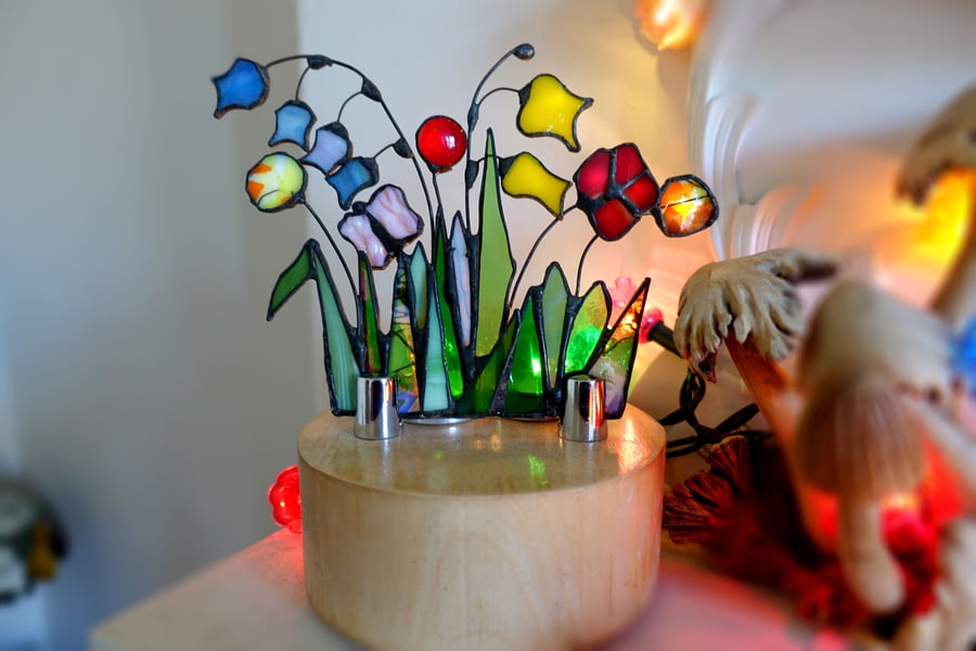 Stained Glass Meadow Flowers on solid Tulip Wood Plinth