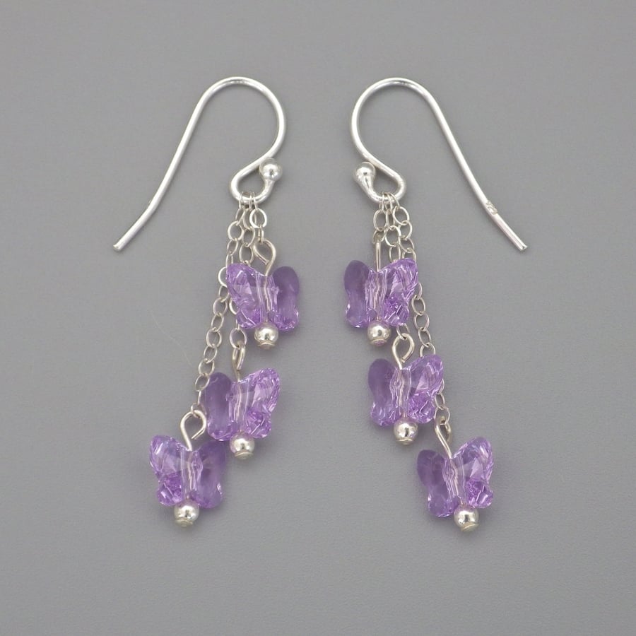 Three tier purple Swarovski butterfly bead earrings with Sterling Silver