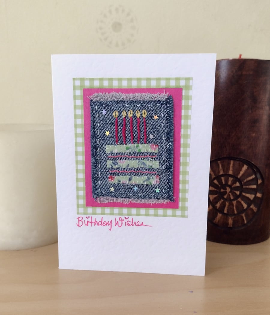 Birthday Cake Card - Hand-Stitched - Fabric Card - Textile Card - Happy Birthday