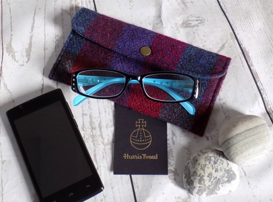 Harris Tweed eyeglasses or phone case in dark teal, burgundy and deep purple