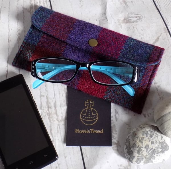 Harris Tweed eyeglasses or phone case in dark teal, burgundy and deep purple