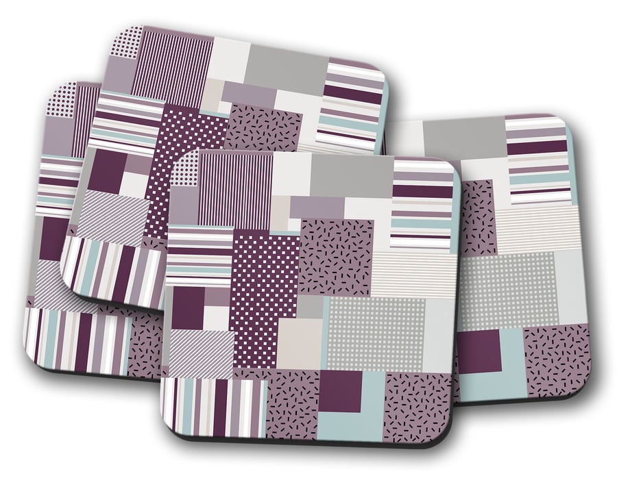 Set of 4 Coasters with a Purple and Blue Geometric Design, Drinks Mat