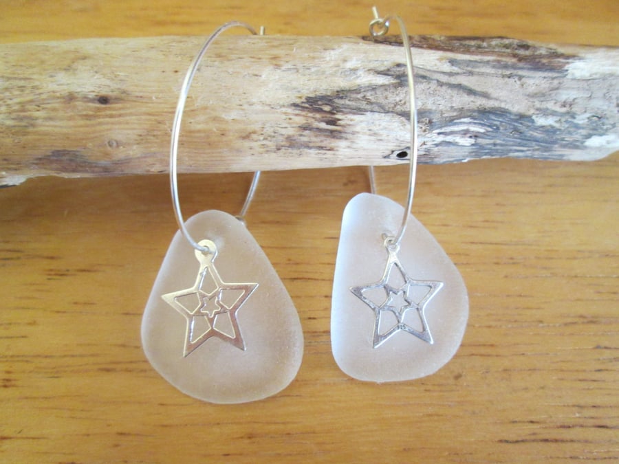 White Seaglass drops with Silver Star charms on Sterling Silver hoop Earrings