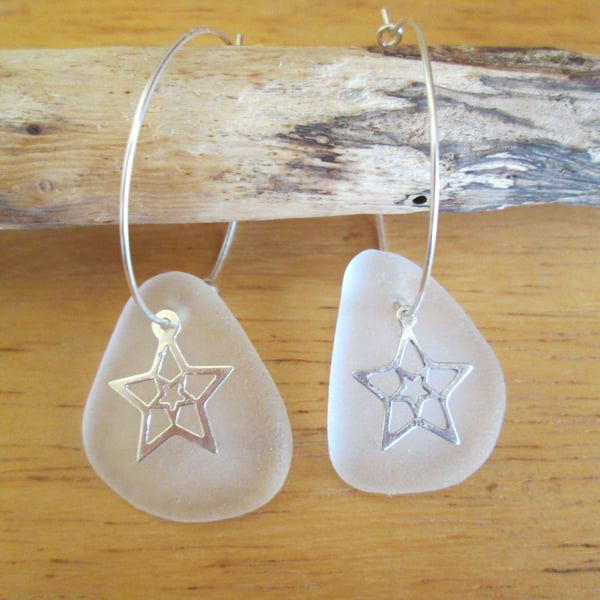 White Seaglass drops with Silver Star charms on Sterling Silver hoop Earrings