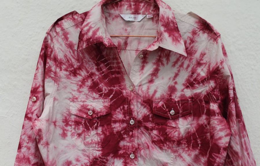 Unisex red target tie dye button up Eco shirt, Ladies size 14 cotton blouse,