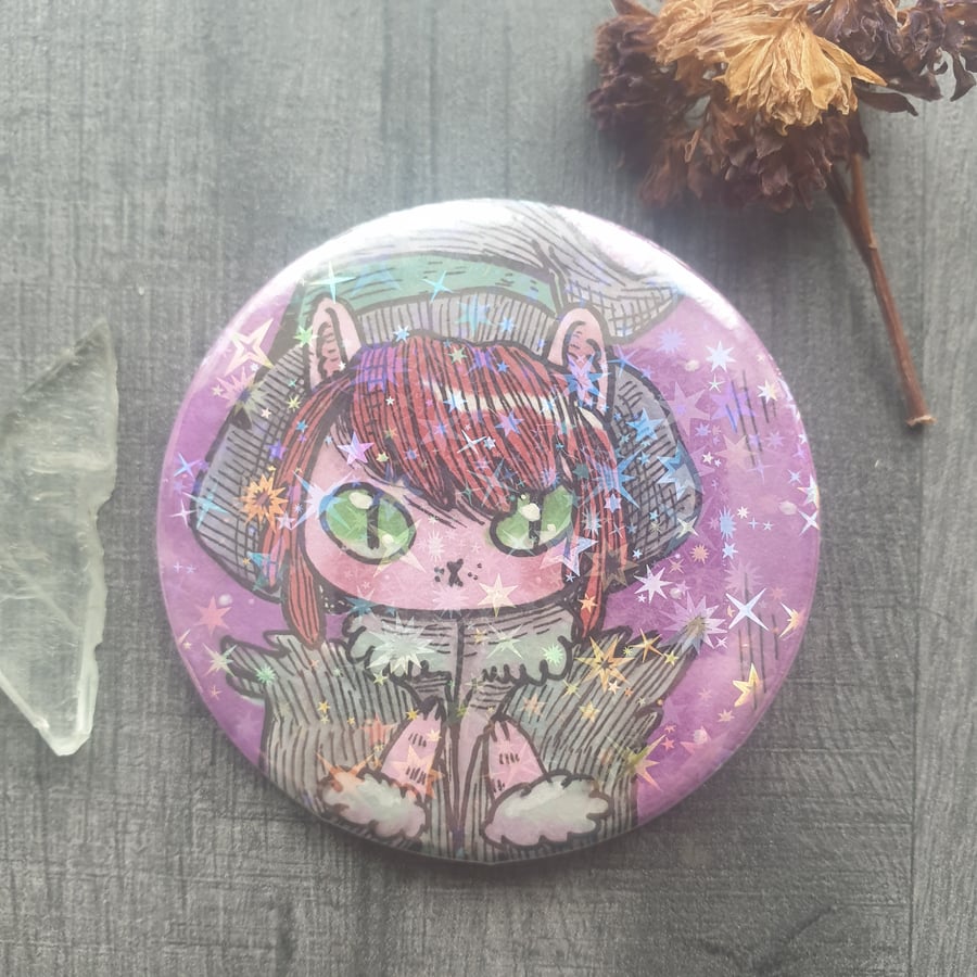 Sparkly Cat Witch OOAK  Badge