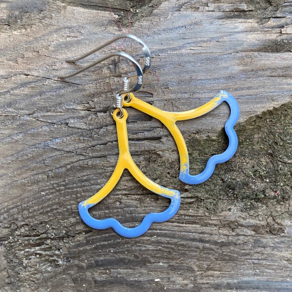 Mustard & Blue Enamel Flower on Sterling Silver Earrings