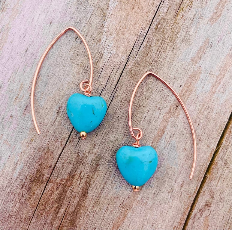 14K Rose Gold Fill Long Earrings with Turquoise Heart Drops