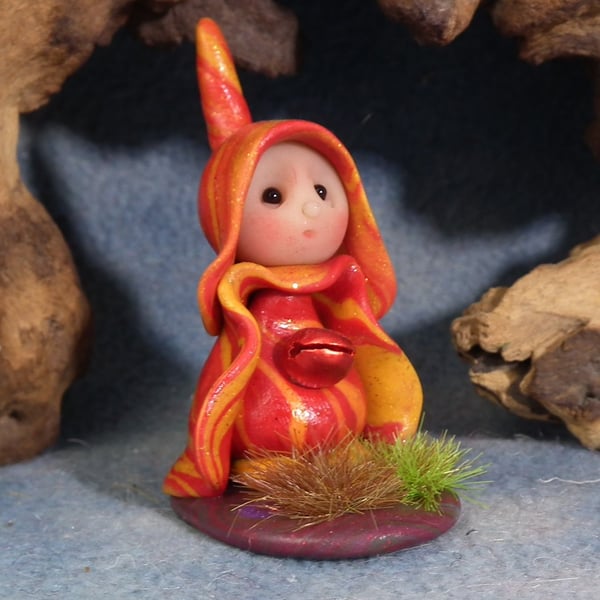 Tiny Meadow Gnome on grassy tableau OOAK Sculpt by Ann Galvin