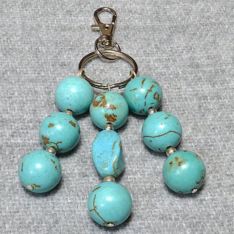 Bag Charm – Turquoise Stone and Silver-Plated Bead Triple Dangle