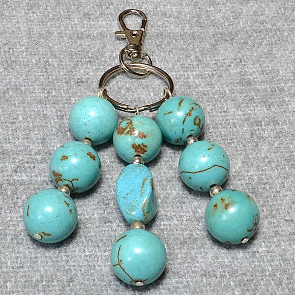 Bag Charm – Turquoise Stone and Silver-Plated Bead Triple Dangle