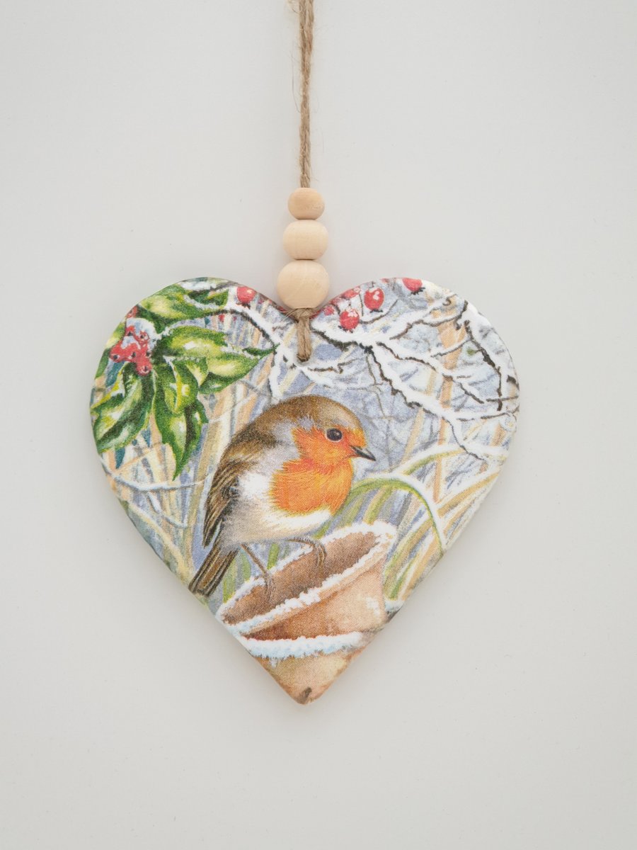 Robin clay heart hanging Christmas decoration 