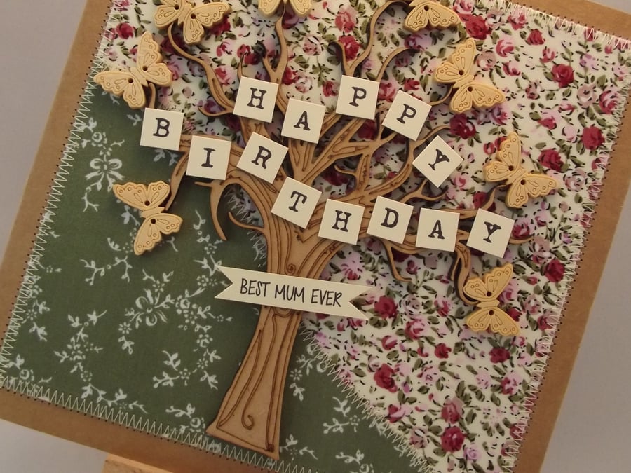 Happy Birthday Best Mum Ever Fabric Greetings Card