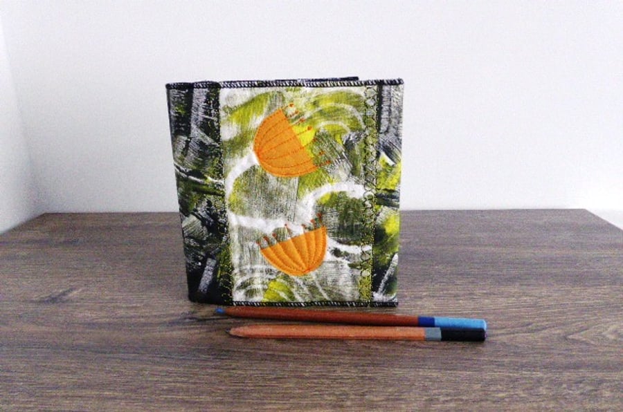 Fabric slip covered Square Sketchbook : Journal -  with applique Seedheads  