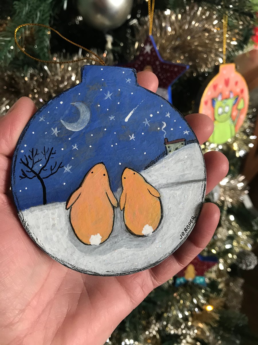 Original Painting Christmas Little snow bunnies Decoration by Jo Roper
