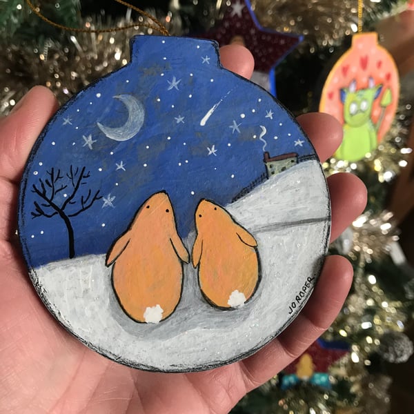 Original Painting Christmas Little snow bunnies Decoration by Jo Roper