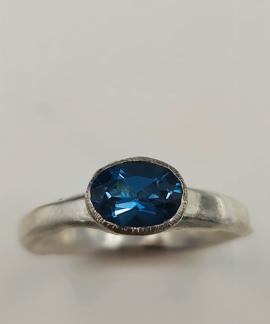 Hand Forged London Blue Topaz Sterling Silver Ring - Size M