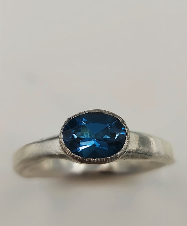 Hand Forged London Blue Topaz Sterling Silver Ring - Size M