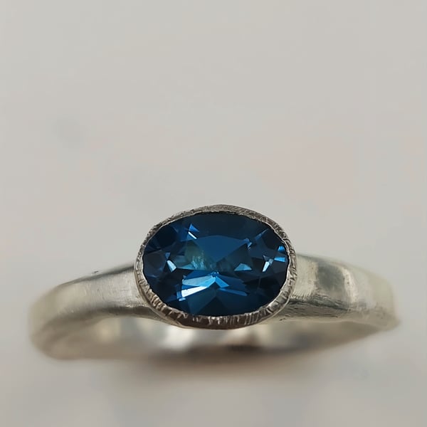 Hand Forged London Blue Topaz Sterling Silver Ring - Size M