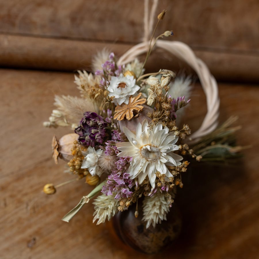 Mini pink and cream dried flower gift sized wreath hanging