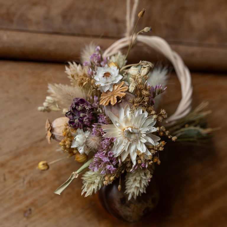 Mini pink and cream dried flower gift sized wreath hanging