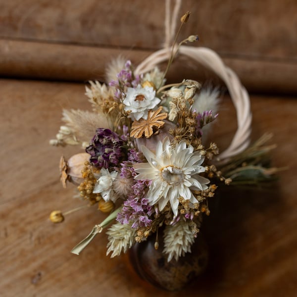 Mini pink and cream dried flower gift sized wreath hanging