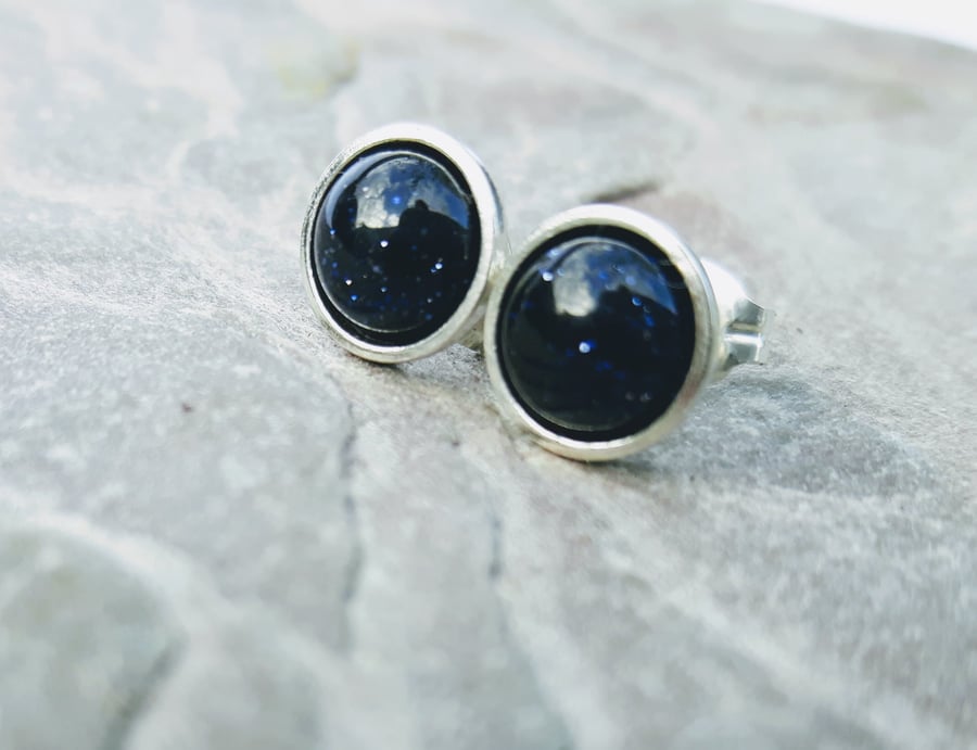 Sterling Silver Stud Earrings with Blue Goldstone, Night Sky